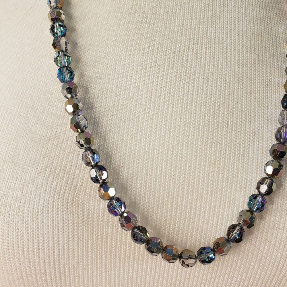 Vintage Bergere Carnival Glass Faceted Bead Necklace 24" On Chain Blue Purple